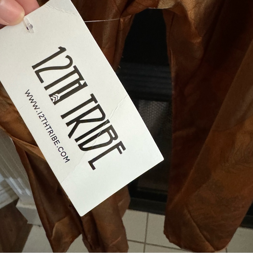 12th Tribe Burnt Orange Satin Mini Dress with Subtle Print - Picture 6 of 9